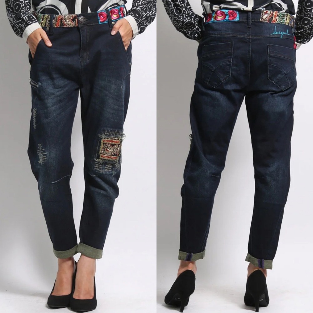 Desigual Women Jeans Sz 30 Embroidered Patchwork Dark Blue Boho Embellished Y2K